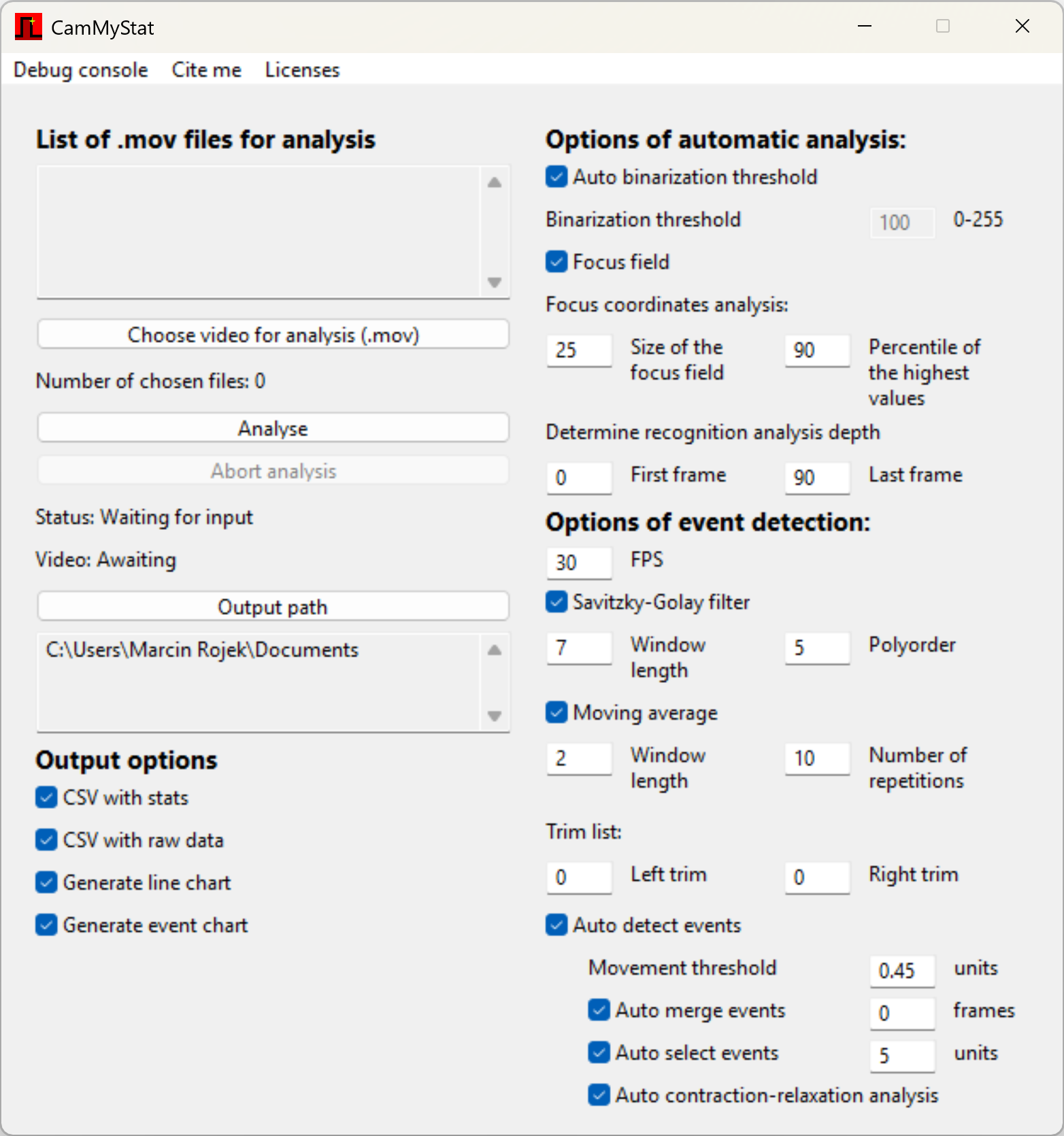 Main window of the Camystat software